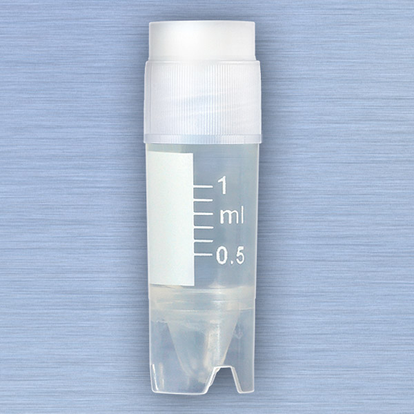 Globe Scientific CryoCLEAR vials, 1.0mL, STERILE, External Threads, Attached Screwcap with Co-Molded Thermoplastic Elastomer (TPE) Sealing Layer, Conical Bottom, Self-Standing, Printed Graduations, Writing Space and Barcode, 50/Bag Image